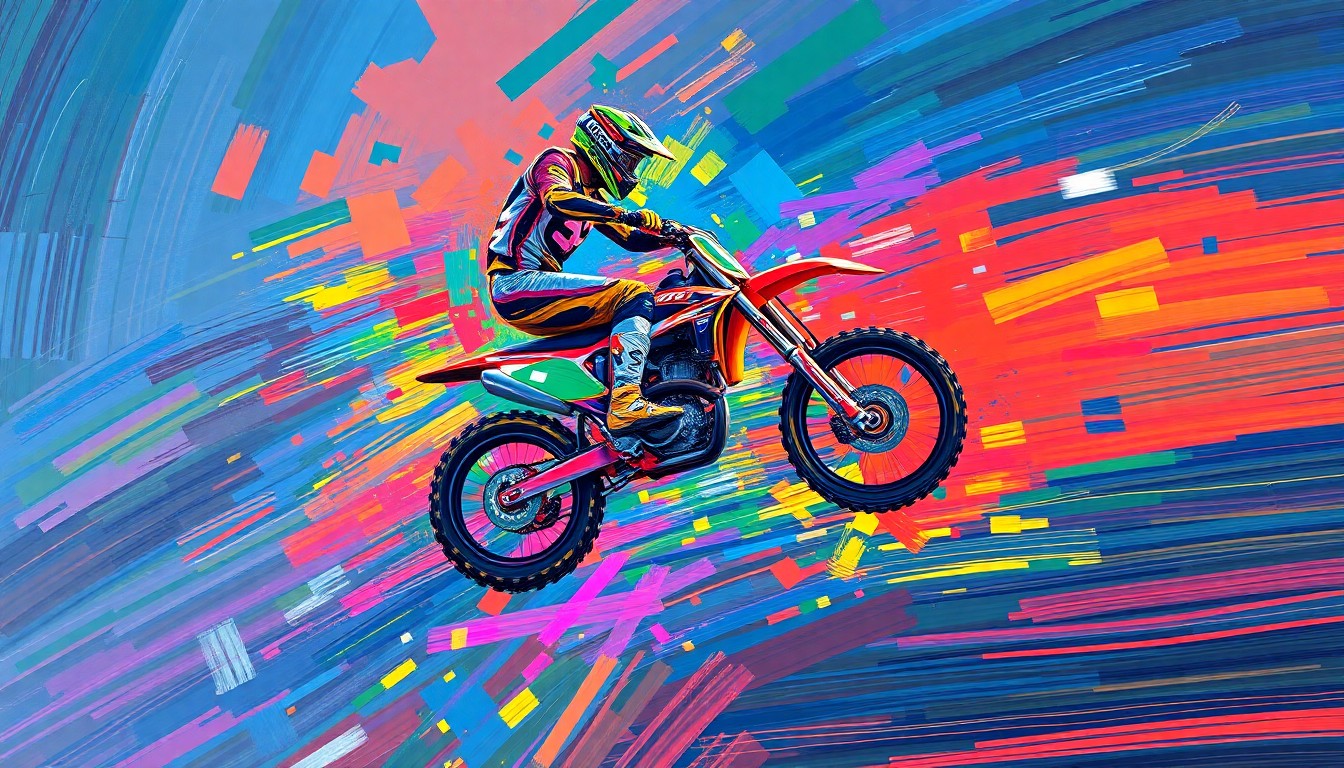An abstract, expressionist painting in neon colors depicting the high-energy motion of a Supercross rider mid-jump, their bike and body dissolving into a blur of vibrant brushstrokes.