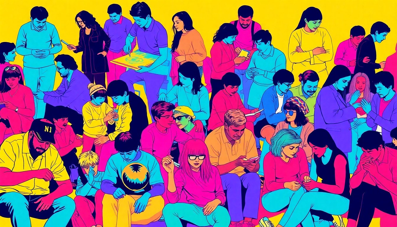 A brightly colored, high-contrast silkscreen print depicting a grid of people engaged in various activities like playing games, creating art, and conversing, rendered in a bold, pop art style with flat, neon-like colors and heavy black outlines.