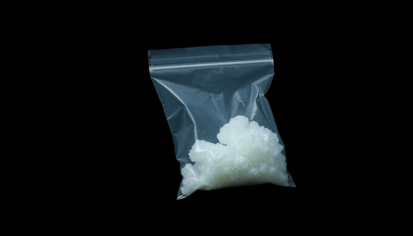 An extreme close-up of a small plastic bag containing a white crystalline substance, reflecting the harsh lighting and creating a stark, gritty visual that conceptually represents the investigation of a drug-related crime.