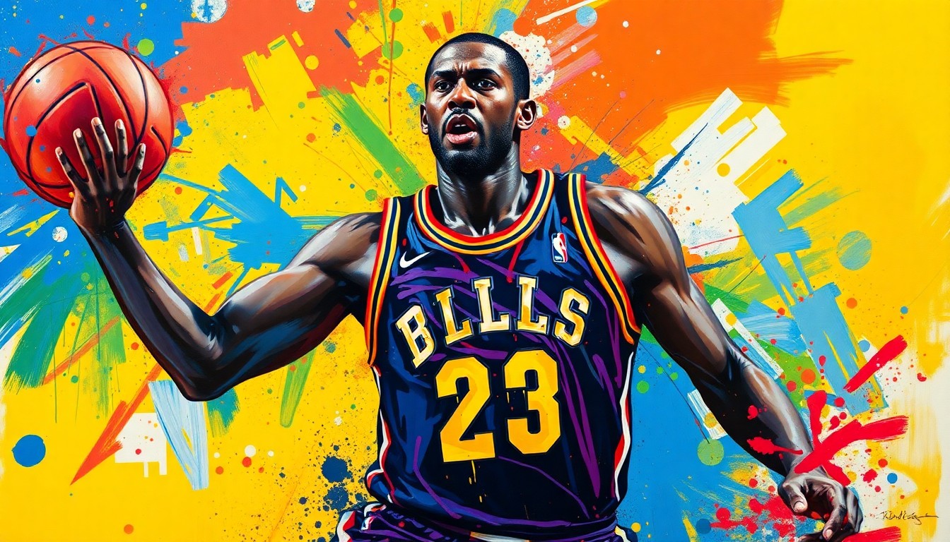 An abstract, expressionist painting featuring bold, neon-colored brushstrokes that capture the dynamic movement and energy of a basketball player, with their face and jersey details obscured in a vibrant, textured composition.