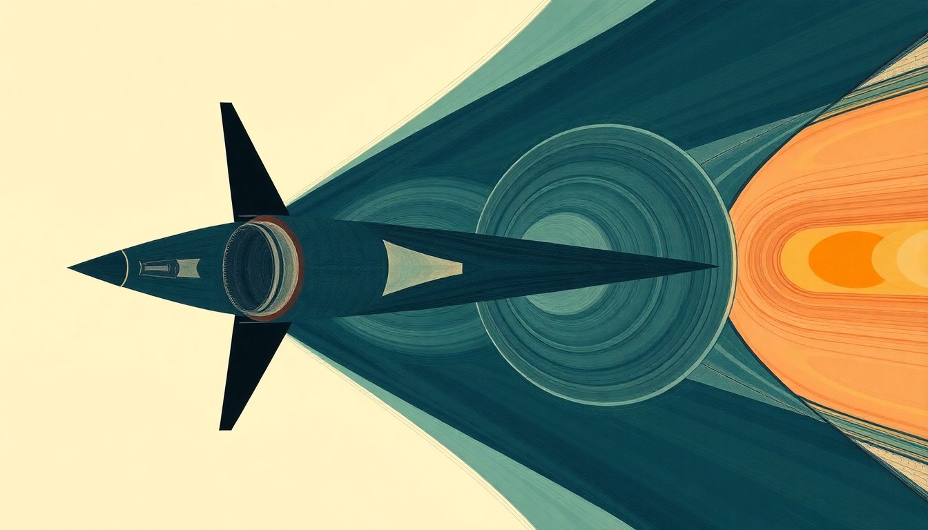 A highly structured abstract painting in soft, flat colors featuring sweeping geometric arcs, intersecting waveforms, and precise spirals, conceptually representing the complex physics and engineering of a hypersonic missile in flight.