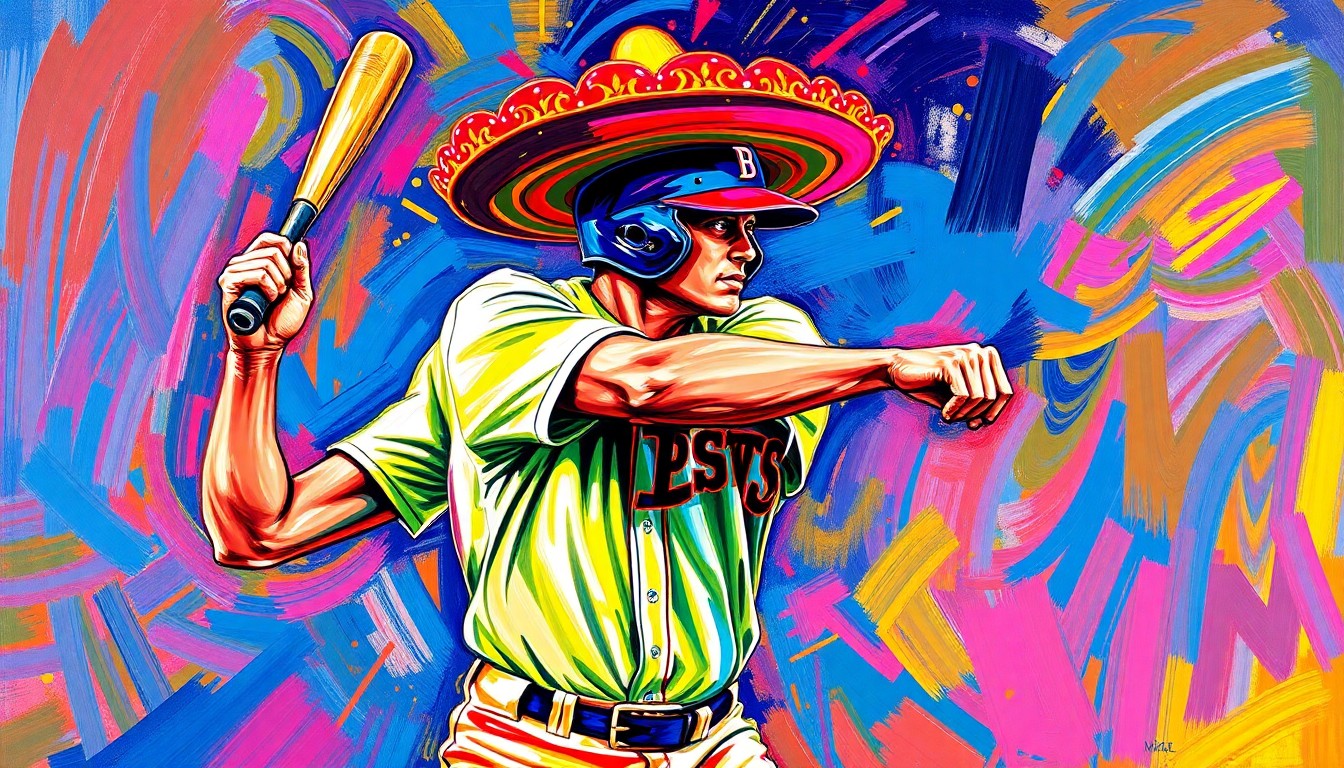 An abstract, energetic painting featuring bold brushstrokes of neon orange, yellow, and red, depicting a baseball player in motion while wearing a large sombrero-shaped snack on their head, conceptually representing the excitement and team spirit of the Rangers' new in-game promotion.