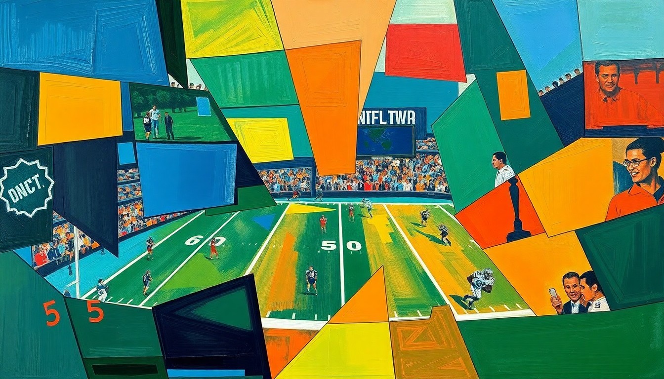A fragmented, geometric painting depicting football players and draft prospects in overlapping planes of navy, green, and orange, conceptually representing the Giants' approach to the upcoming NFL Draft.