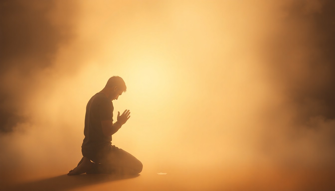 An extremely abstracted, out-of-focus photograph of a person kneeling in prayer, with soft pools of warm light and color creating a contemplative, spiritual atmosphere.