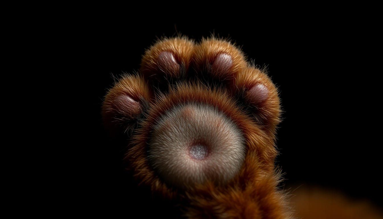 An extreme close-up photograph of a black Labrador's paw against a pitch-black background, lit by a harsh, direct camera flash, creating a stark, gritty, and investigative aesthetic.