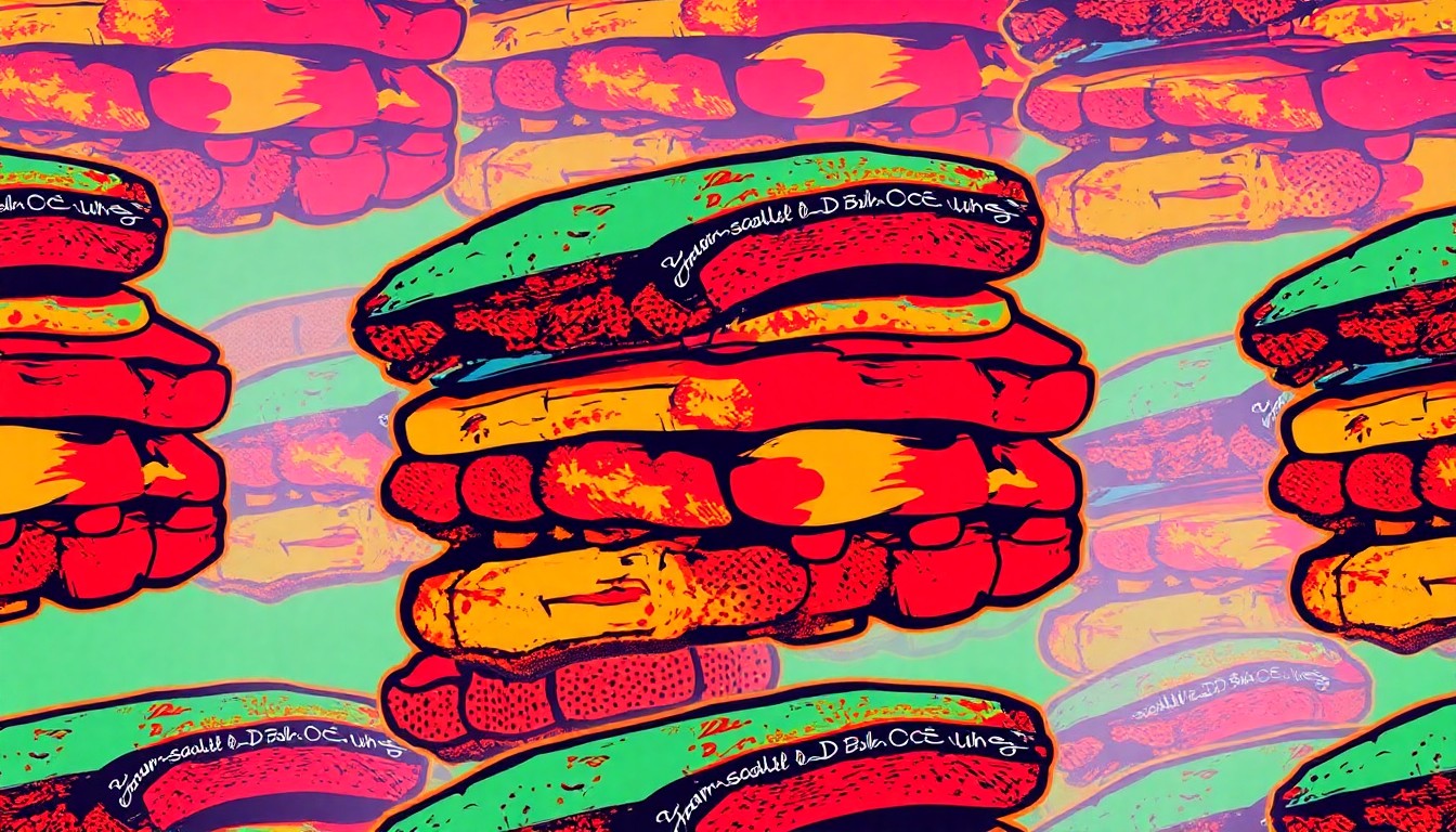 A vibrant, high-contrast silkscreen print featuring a repeating grid of barbecue ribs in bold, neon-like colors, conceptually representing the iconic barbecue dishes that have made Max City BBQ a local favorite.