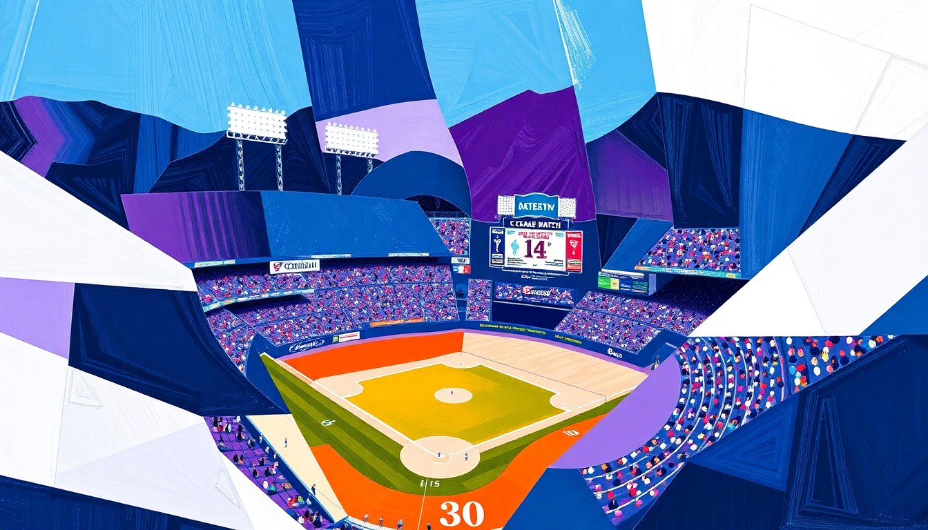 A cubist, geometric painting depicting a baseball game or match, with sharp, overlapping planes of navy blue, purple, and white representing the Colorado Rockies' team colors, conceptually capturing the dynamic energy of the sport.
