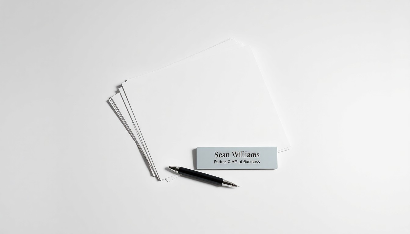 A minimalist studio still life photograph featuring a stack of business documents, a pen, and a nameplate with the text 'Sean Williams, Partner & VP of Business Development' on a clean, monochromatic background, symbolizing the professional accomplishments and leadership role of Sean Williams.
