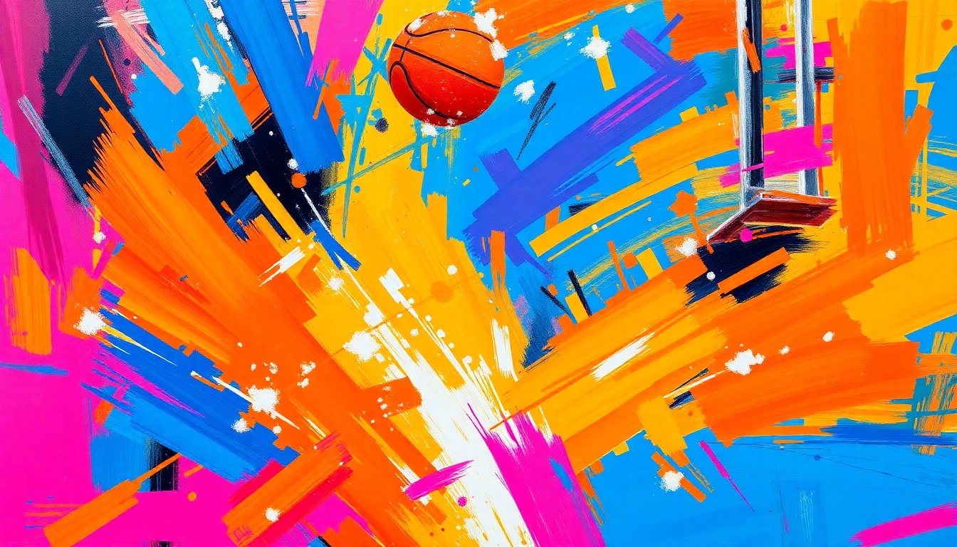 An abstract, expressionistic painting featuring bold, energetic brushstrokes in vibrant neon colors that capture the dynamic movement and raw athleticism of a basketball game, conceptually representing the induction of a trailblazing women's basketball player into the Hall of Fame.