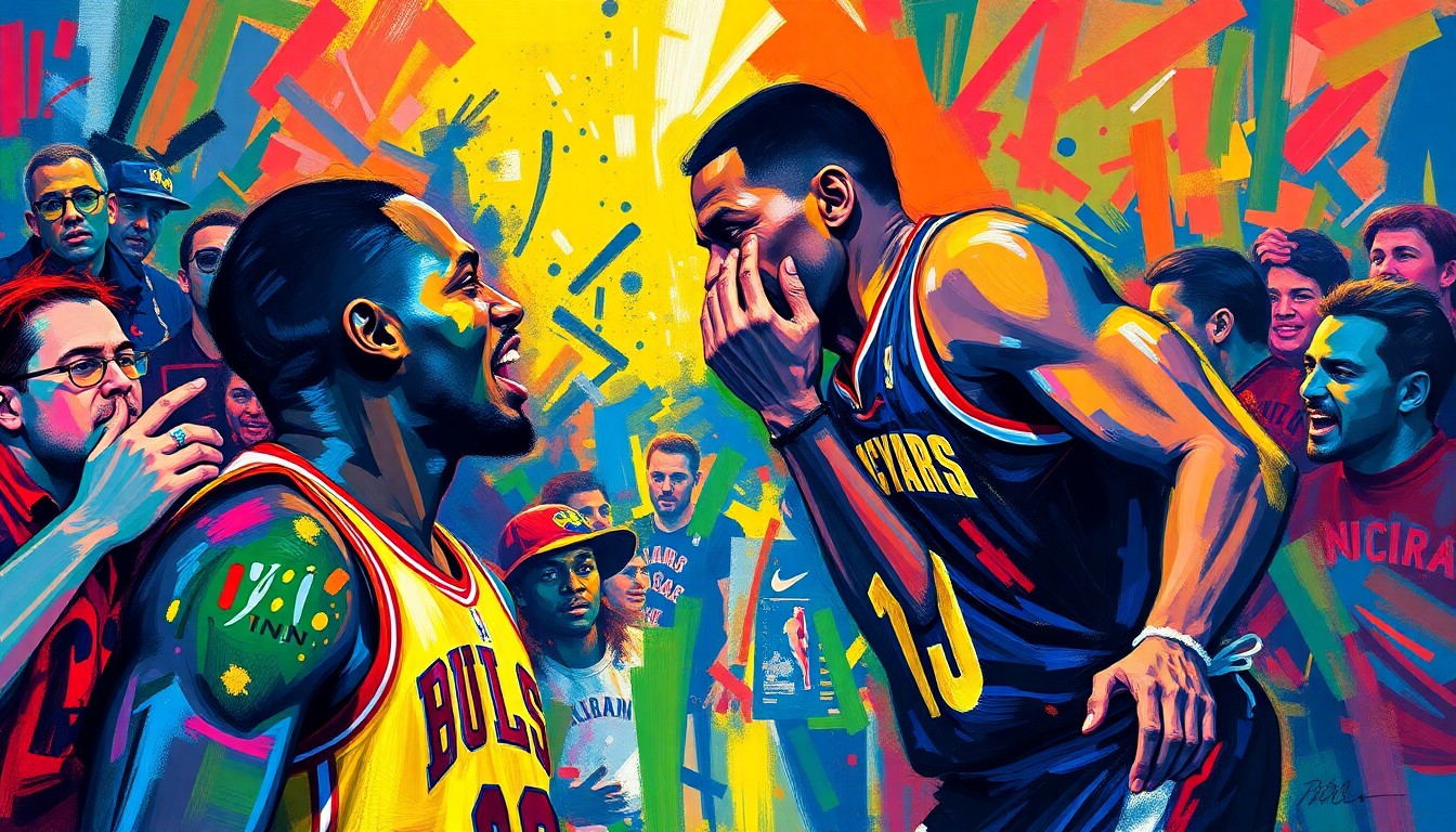 An abstract, expressionist painting using vibrant neon colors and energetic brushstrokes to capture the raw emotion and intensity of a confrontation between an NBA player and a fan.