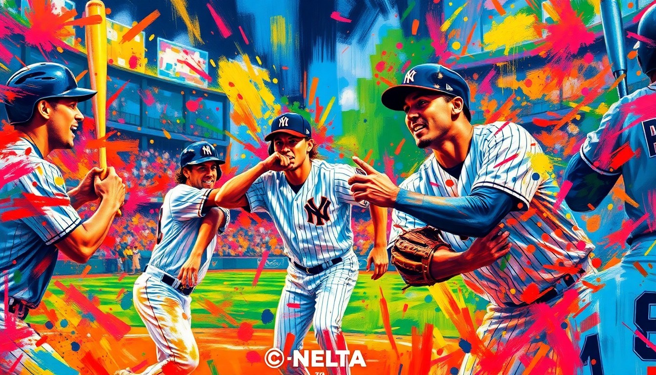 An abstract, energetic painting in neon colors depicting the motion and intensity of a baseball game, with players' forms dissolving into brushstrokes.