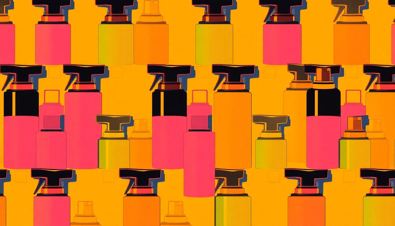 A high-contrast, silkscreen-style illustration featuring a repeating grid of a single, iconic hair care product in a range of neon colors, conceptually representing KISS Colors & Care's new textured hair care line.