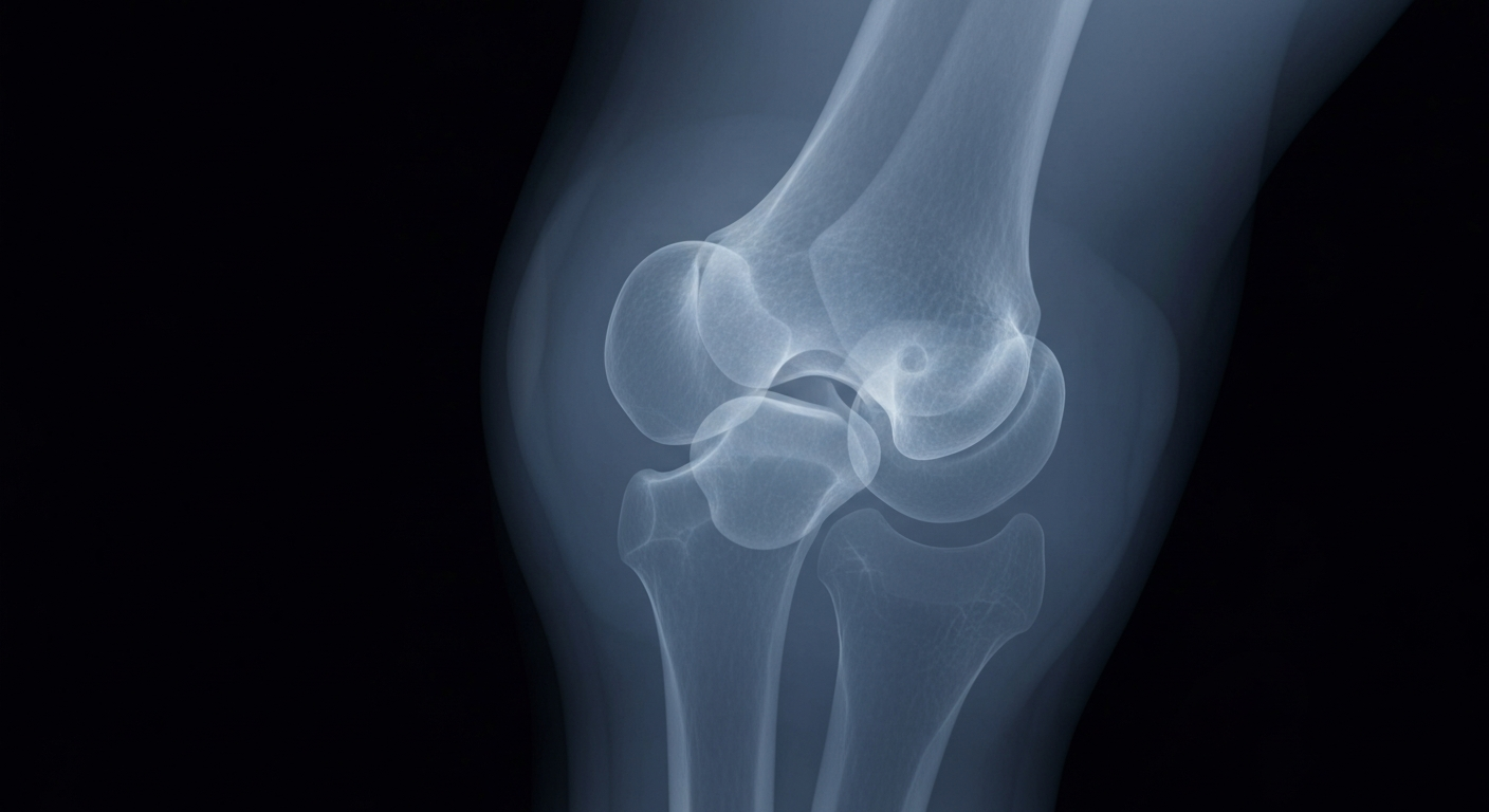A ghostly, translucent X-ray photograph revealing the internal structure of a human knee joint in shades of blue and gray, conceptually representing the advanced clinical expertise and patient-focused approach that has enabled Cypress Health Partners to achieve exceptional outcomes for its physical therapy patients.