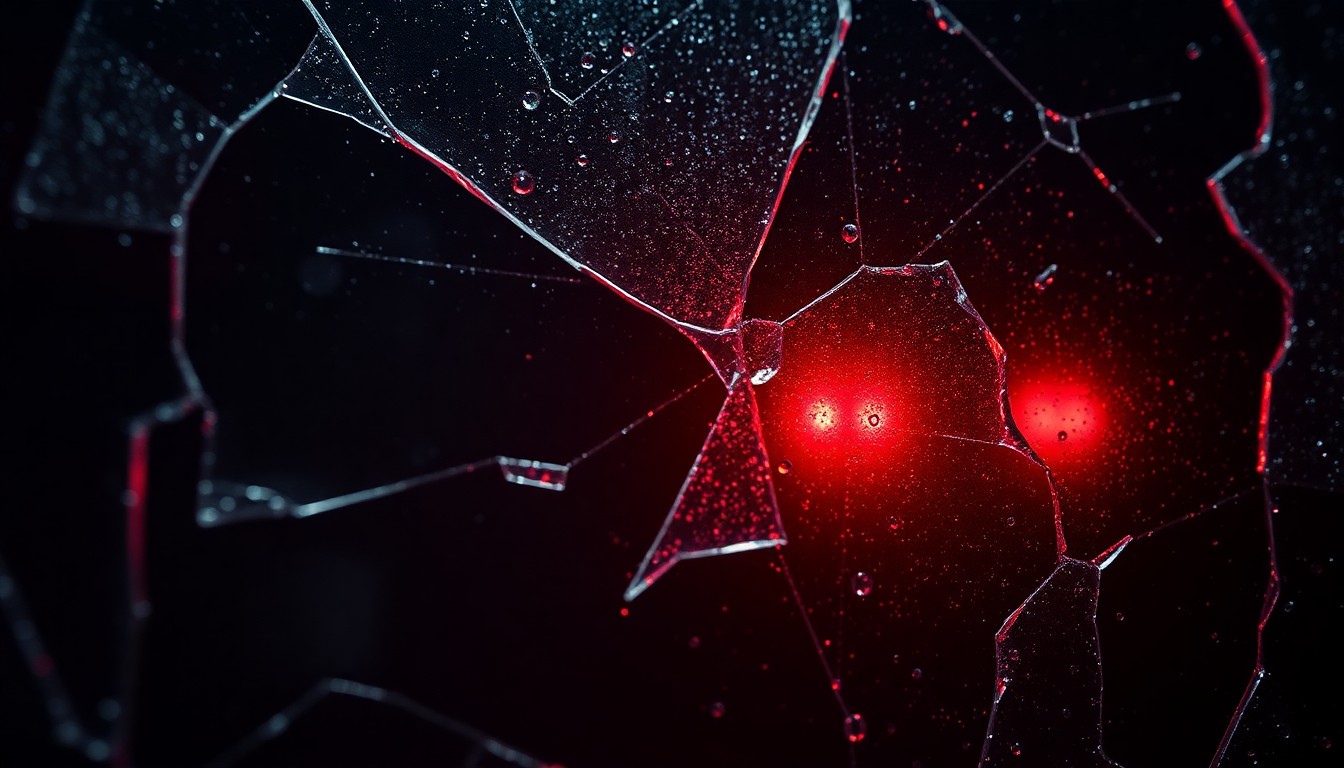 An abstract close-up photograph of a shattered, glittering glass surface reflecting a faint red light, conveying a sense of danger and darkness associated with the world of serial killers.