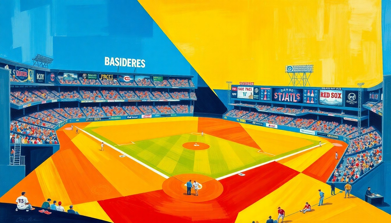 A fragmented, geometric painting in bold colors depicting overlapping perspectives of a baseball game, conveying the excitement and motion of the sport.