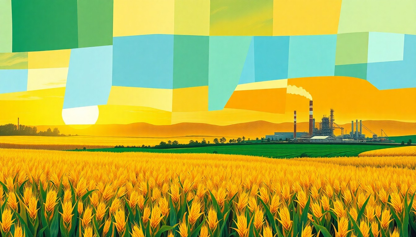 A vibrant, abstract painting featuring overlapping geometric shapes and brushstrokes in shades of yellow, green, and orange, conceptually representing the complex impacts of the year-round E15 fuel policy.