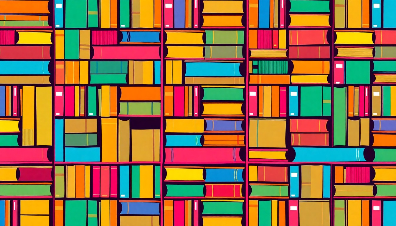 A bold, graphic illustration featuring a repeating pattern of stylized library books in bright neon colors, conceptually representing the academic spirit and competitive energy of the book ordering challenge.