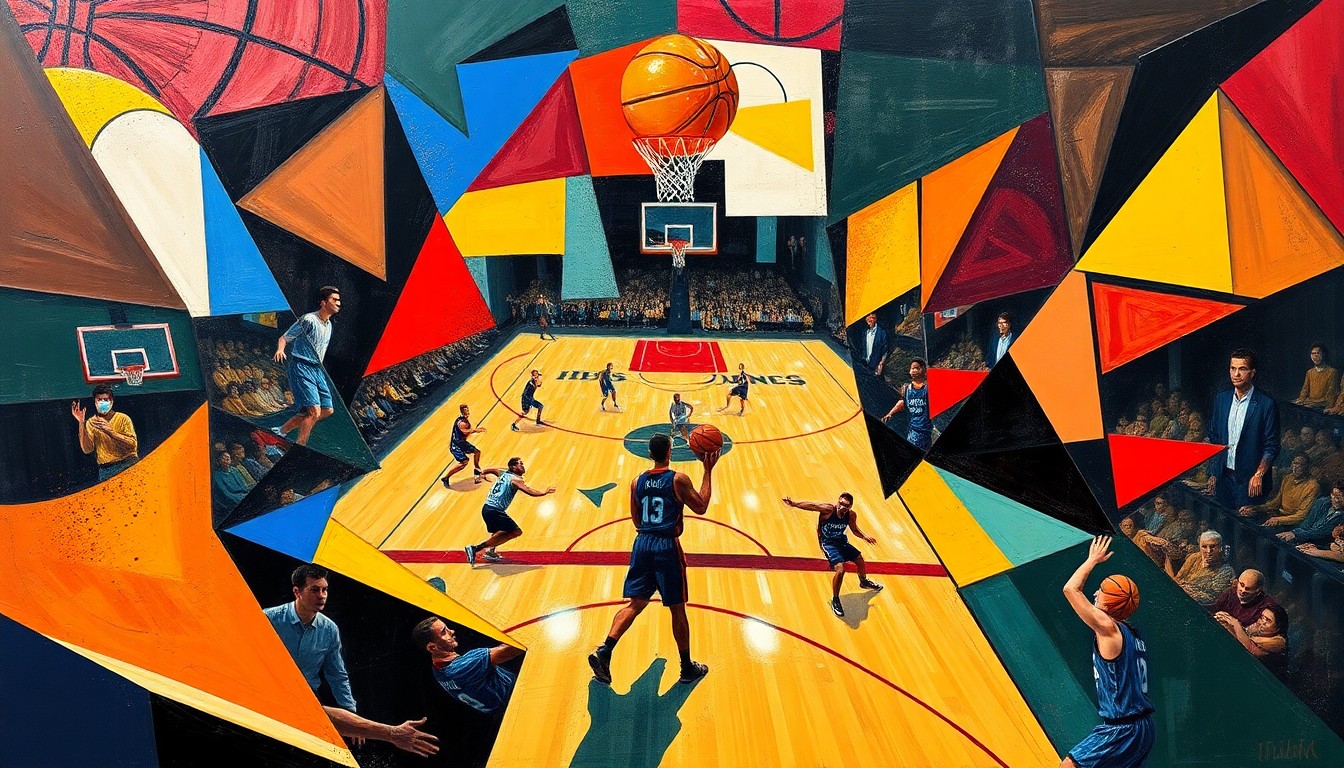 A fragmented, geometric painting in the style of Pablo Picasso, with overlapping planes of bright blues, reds, and yellows capturing the dynamic movement and intensity of a basketball game.