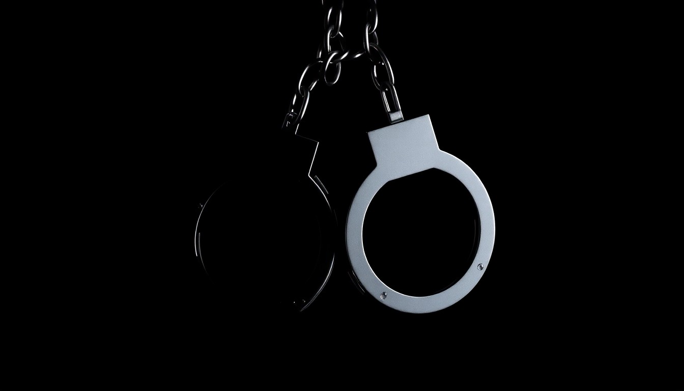 An extreme close-up of a pair of metal handcuffs against a dark background, the harsh flash creating dramatic shadows and highlights that convey a sense of urgency and investigation.