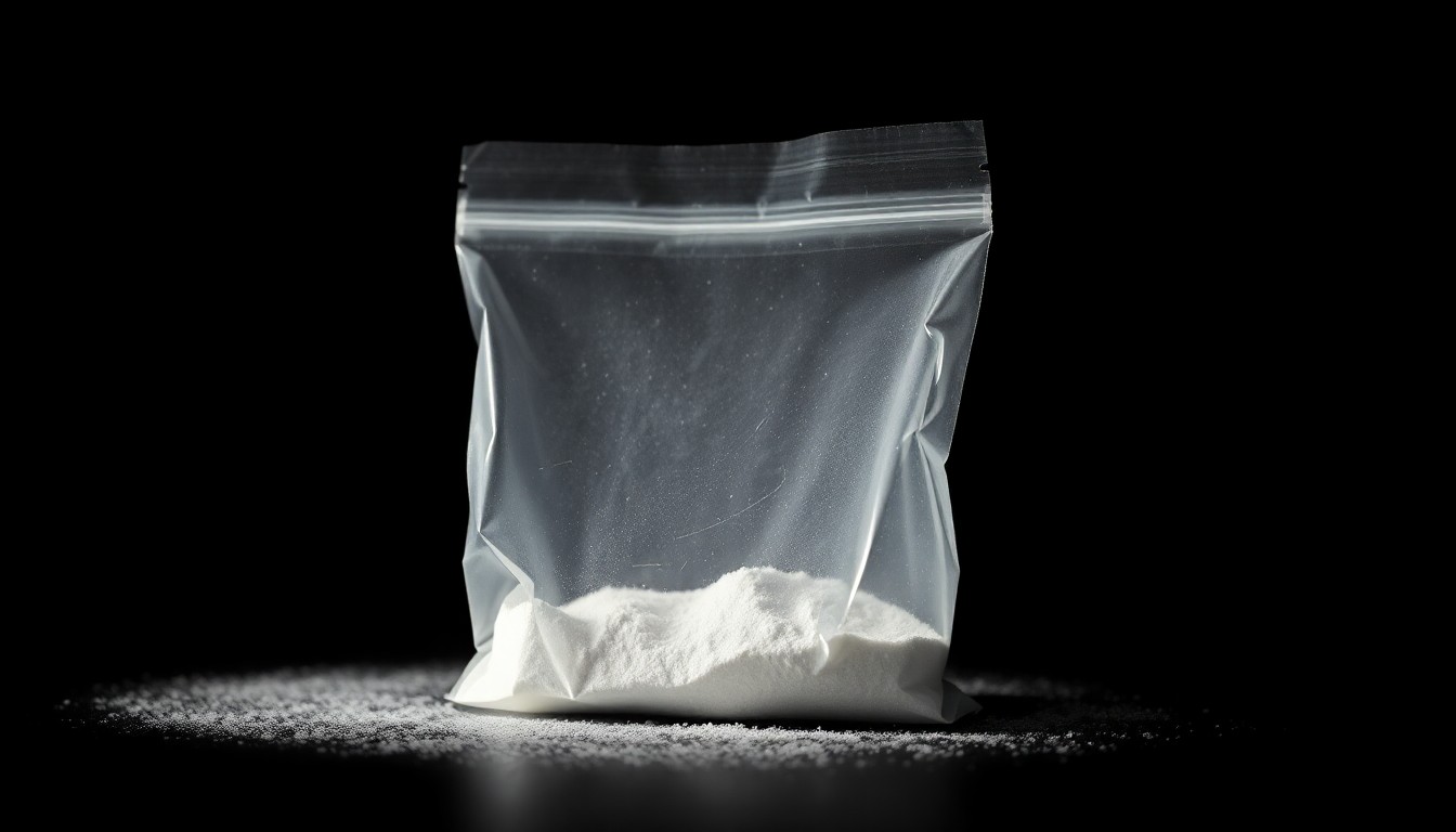 An extreme close-up of a small plastic bag containing white powder, lit by a harsh, direct camera flash against a pitch-black background, creating a stark, gritty, investigative aesthetic.