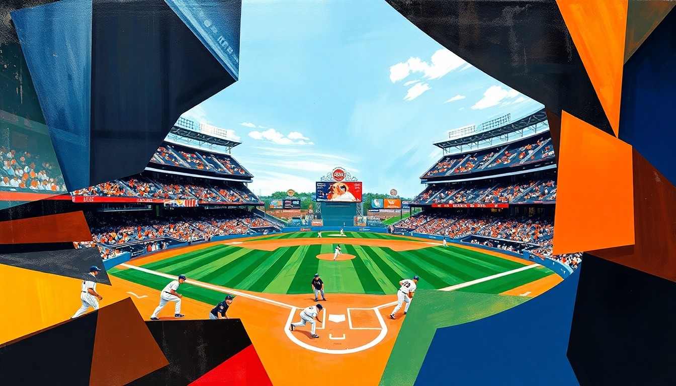 A fractured, multi-perspective painting in a cubist style, breaking down a baseball game between the Mets and Giants into sharp, overlapping geometric planes of color and form, capturing the dynamic motion and energy of the sport.