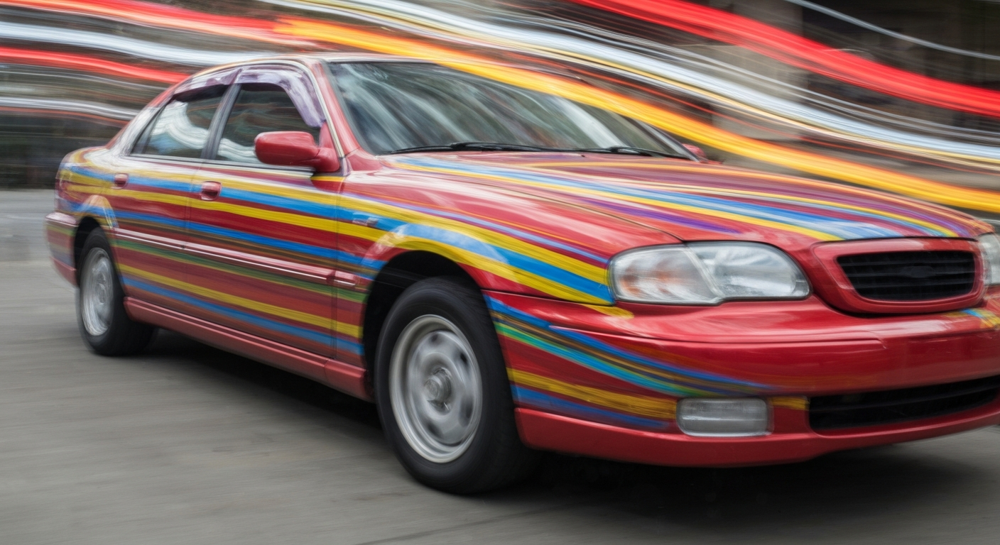 Sweeping, abstract brushstrokes of vibrant color and motion, representing the energy and purpose behind refurbishing a used car for a single mother in need.