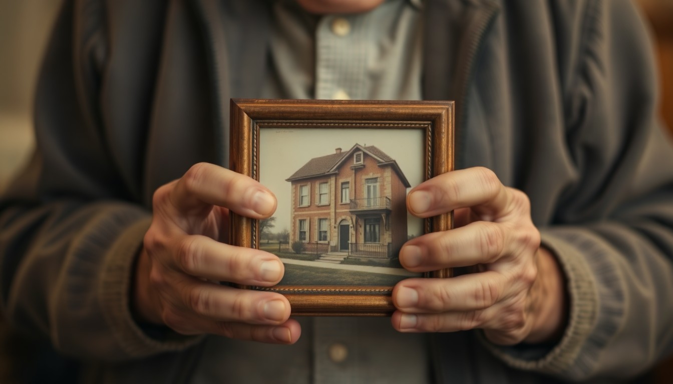 A blurred, intimate close-up of an elderly man's hands holding a framed photograph, conveying the personal history and ongoing challenges faced by a Holocaust survivor in the modern housing market.