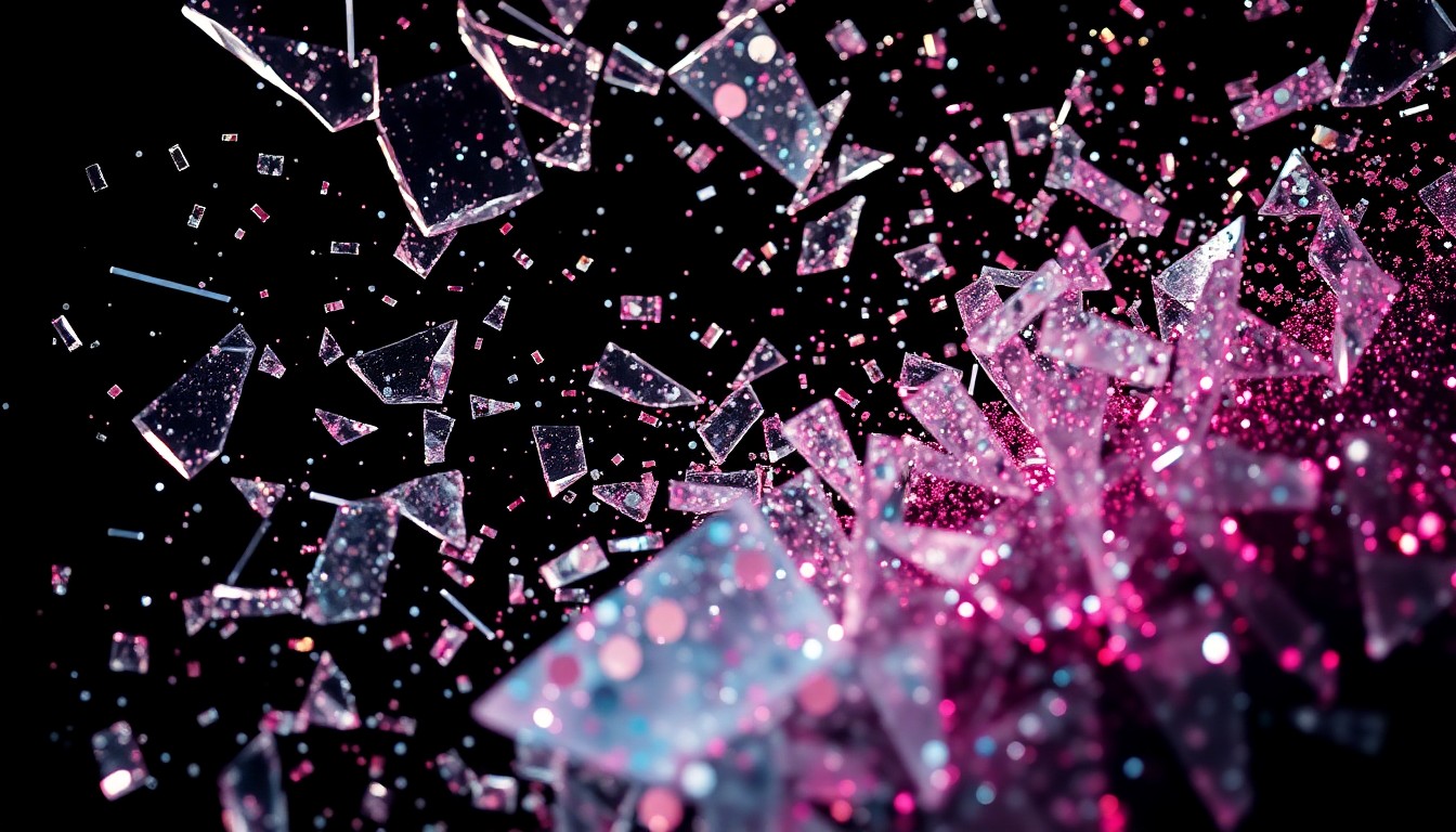 An extreme macro photograph of shattered glass and sparkling sequins, captured in high-contrast studio lighting to create a glamorous, high-fashion aesthetic without depicting any literal objects or people.