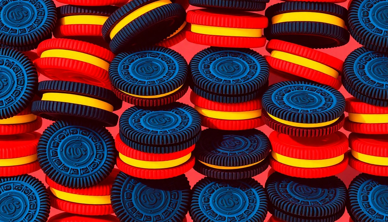 A bold, colorful silkscreen-style illustration featuring a repeating grid pattern of Oreo cookies in bright neon shades, conceptually representing the launch of a new s'mores-flavored vegan Oreo variety.