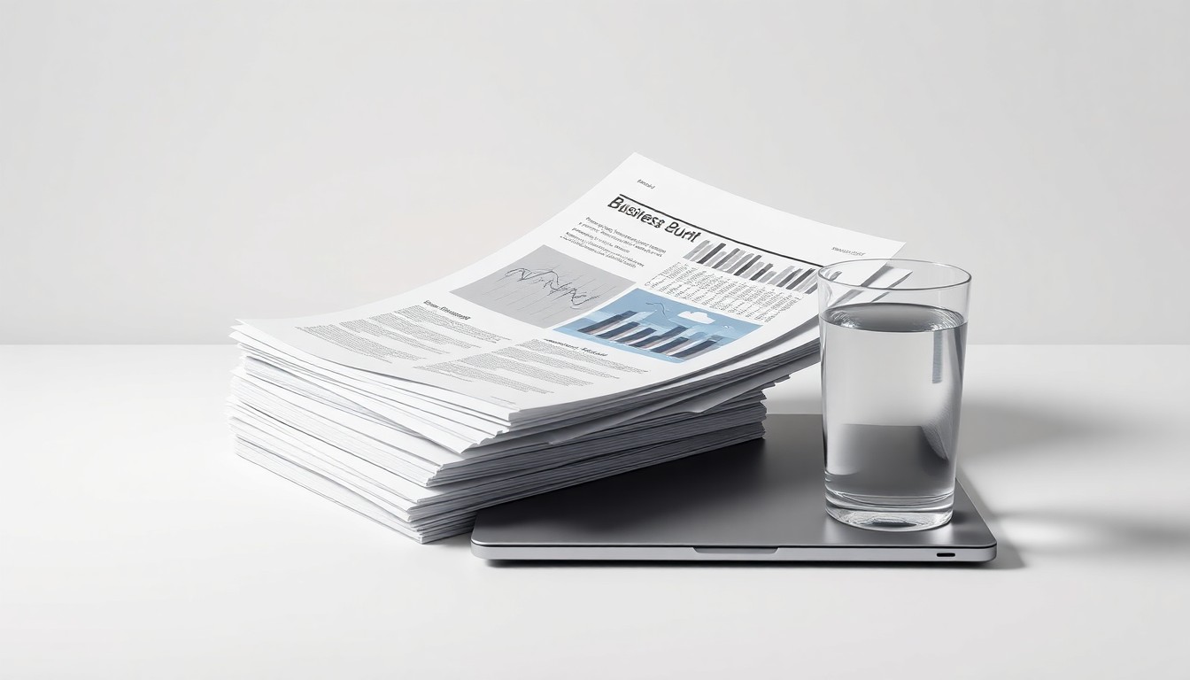 A photorealistic studio still life featuring a stack of business reports, a laptop, and a glass of water on a clean, monochromatic background, symbolizing the data-driven, strategic approach C-level executives must take to thrive amid uncertainty.