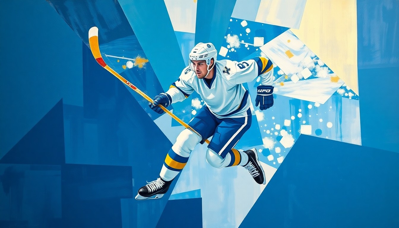 A cubist, geometric painting depicting a hockey player in mid-action, with their form fractured and deconstructed into overlapping planes of blue, white, and gold, conveying the disruption and challenge caused by the Sabres' key player's injury.