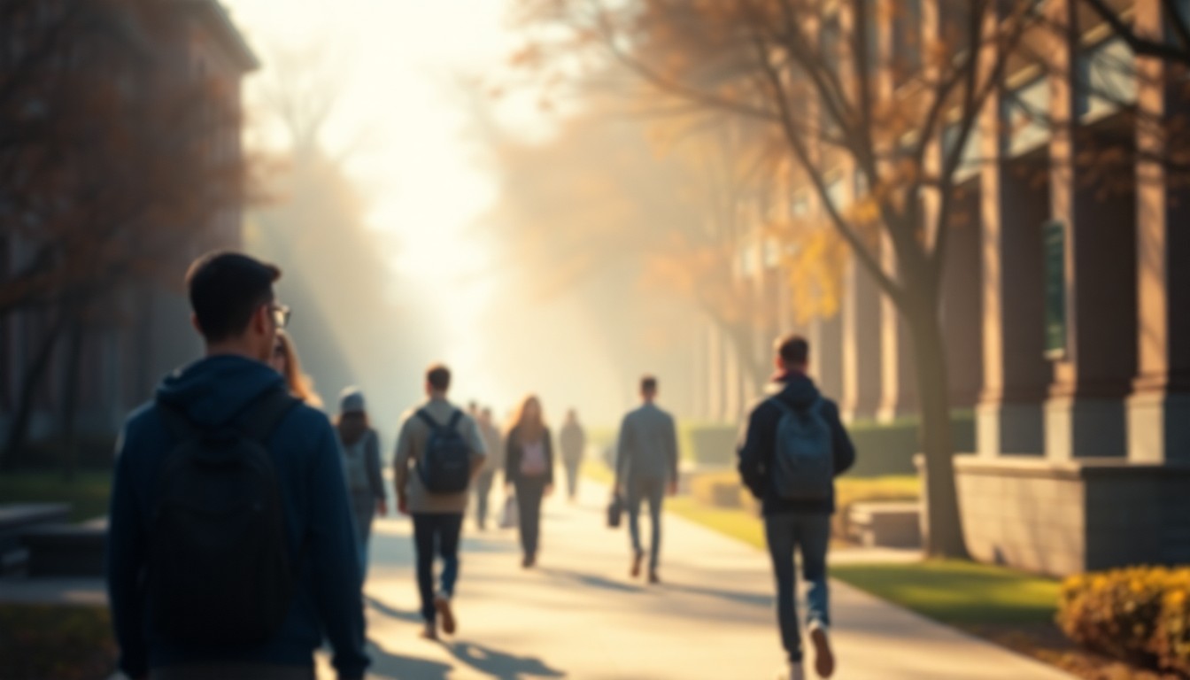 An abstract, impressionistic scene of students walking across a university campus, with blurred figures and soft, warm lighting creating a contemplative and introspective mood.