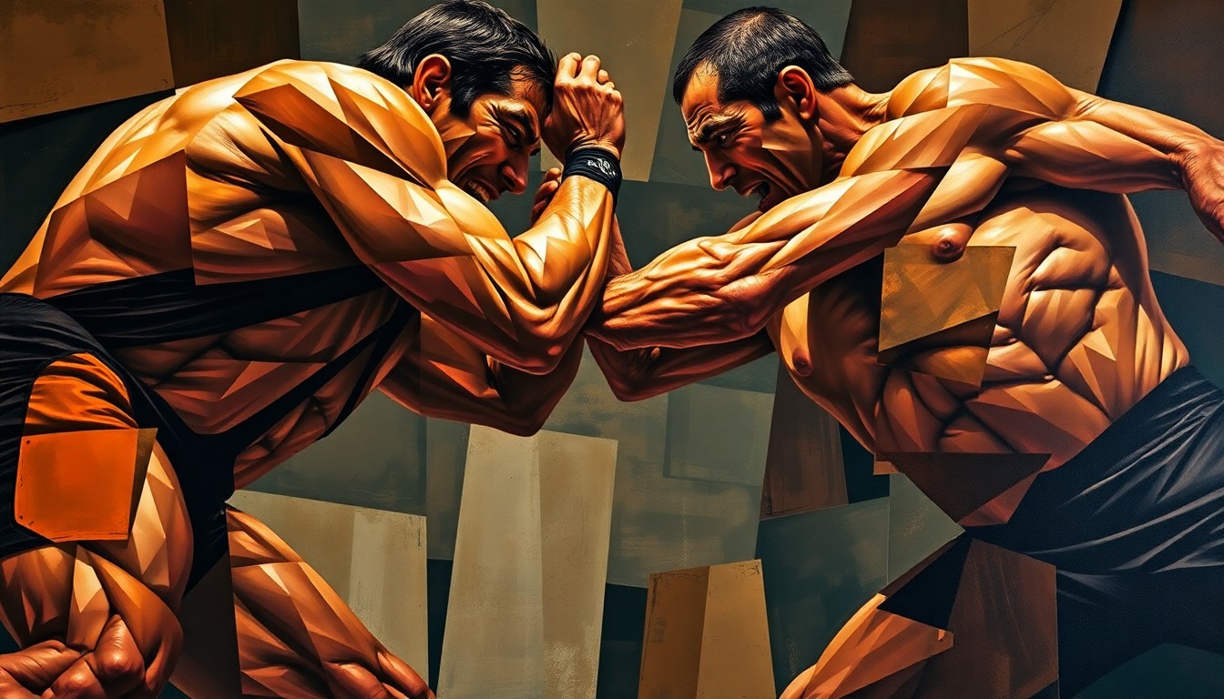 A fragmented, geometric painting depicting the dynamic movements and raw athleticism of a professional wrestling match, with limbs and bodies deconstructed into sharp, overlapping planes of color.