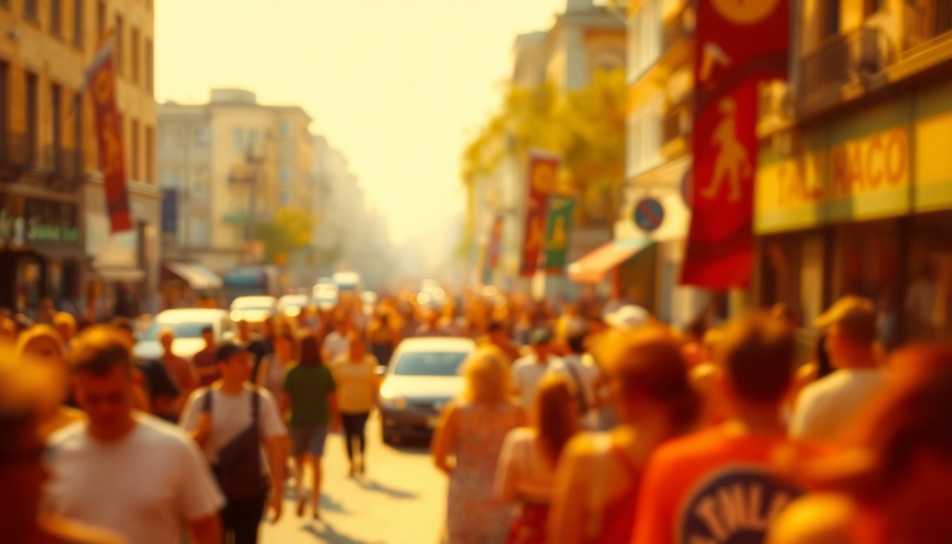 An extremely abstracted, out-of-focus photograph shot through condensation or rain-streaked glass, composed entirely of a bustling urban scene in soft pools of warm color and light, suggesting the energy and community of a food waste reduction event.