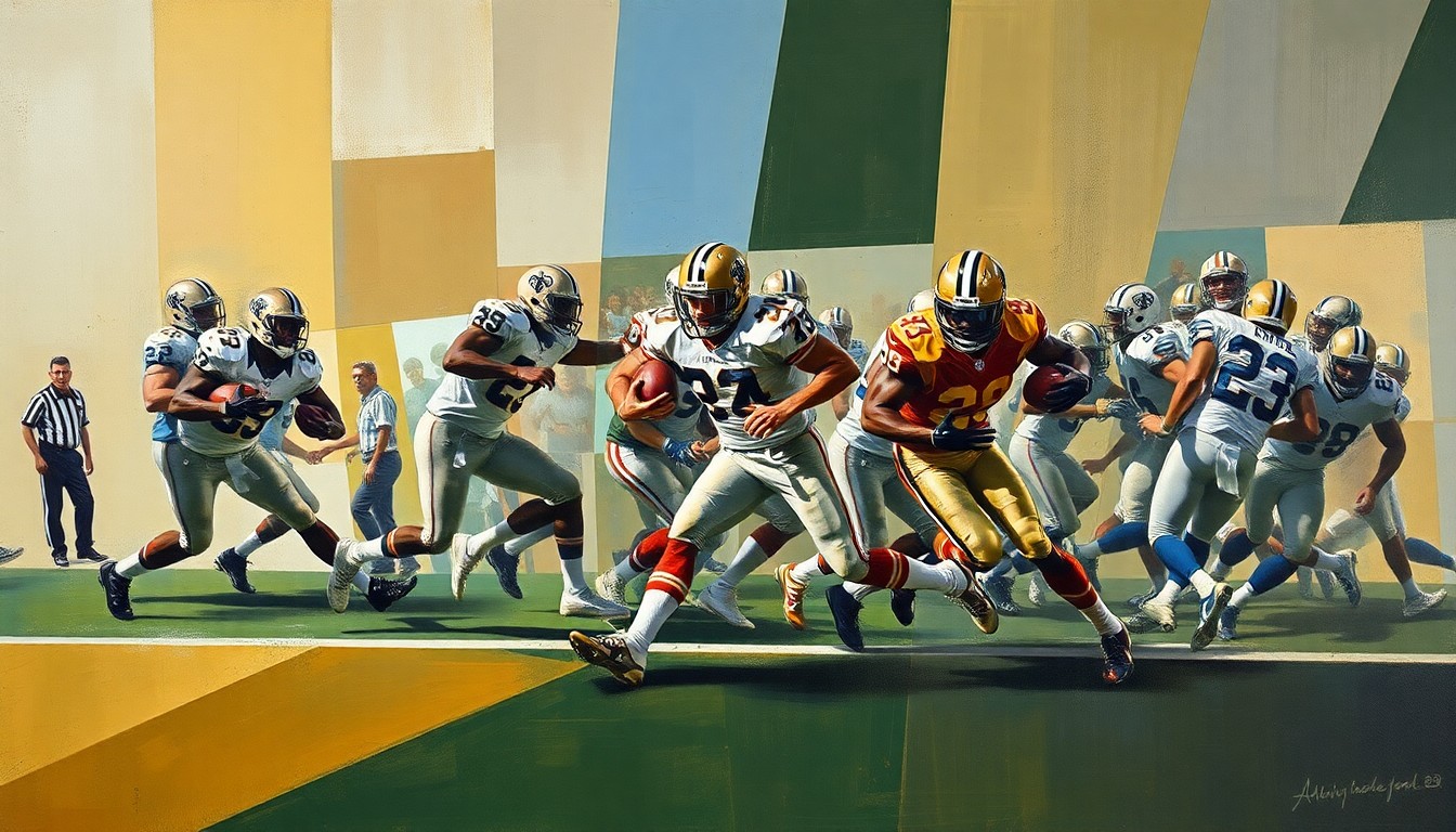 A cubist, geometric painting depicting a fragmented football play, with players and the ball broken down into sharp, overlapping shapes and planes, conceptually representing the uncertainty surrounding the Saints' backfield.