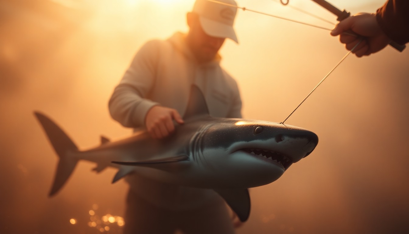 An extremely abstracted, out-of-focus photograph of a fisherman carefully cutting a line attached to a juvenile great white shark, with the shark's silhouette barely visible in the background. The image is bathed in warm, hazy pools of light and color, creating a dreamlike, atmospheric quality that conceptually represents the fragile relationship between humans and vulnerable marine life.