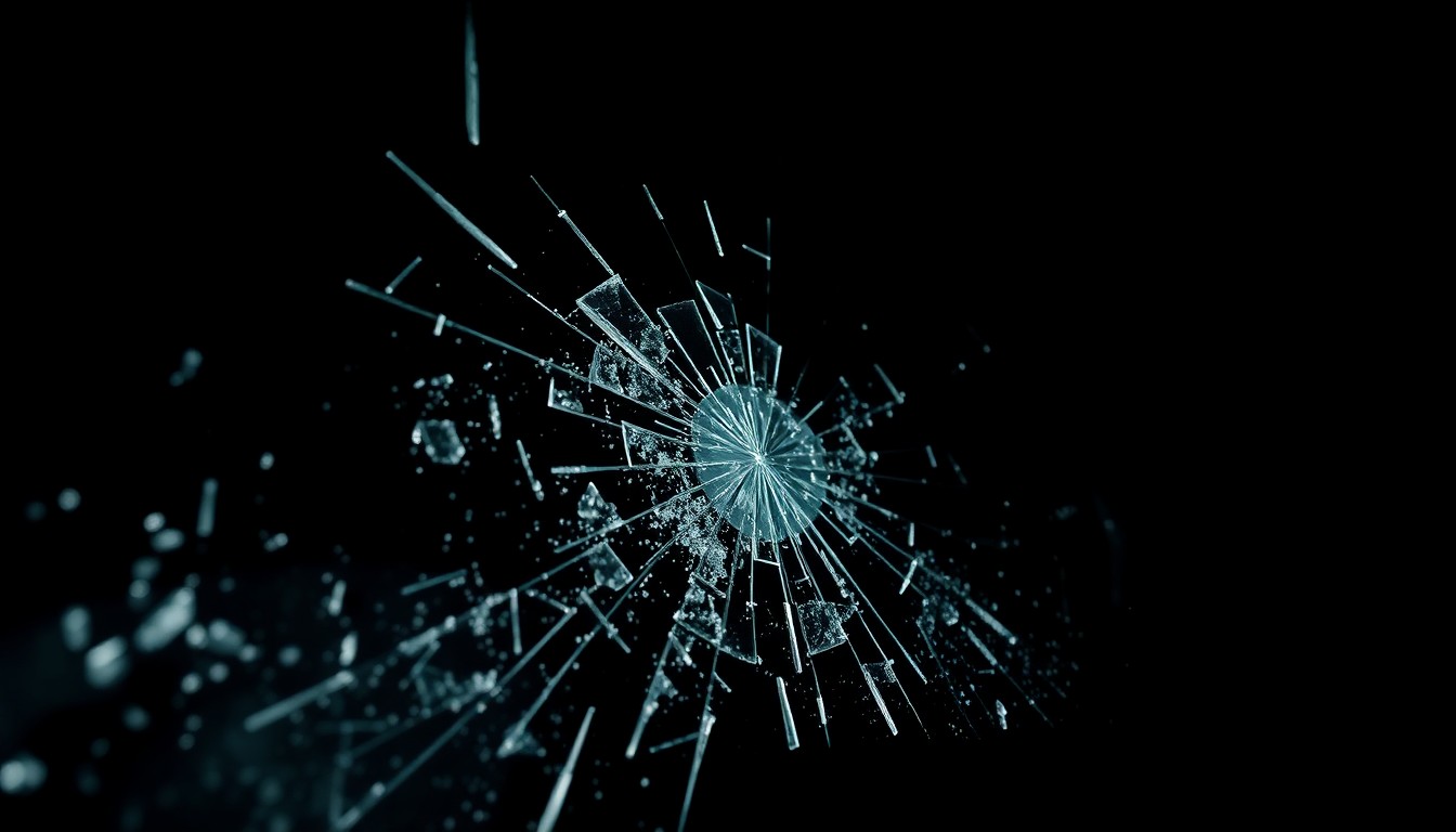 An extreme close-up photograph of shattered glass, lit by a harsh, direct camera flash against a pitch-black background, creating a stark, gritty, investigative aesthetic.