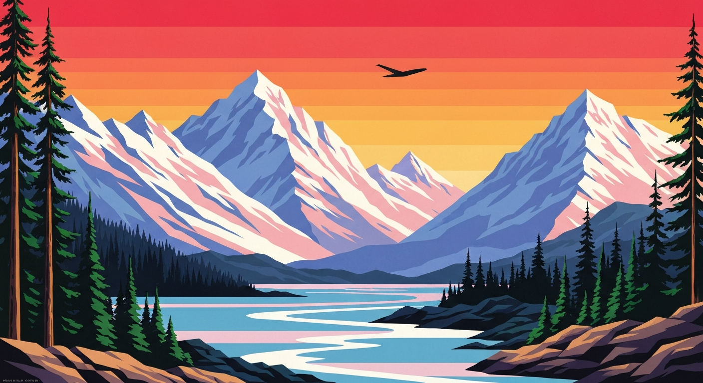A bold, geometric illustration in the Art Deco style, featuring sweeping, airbrushed gradients of snow-capped mountains and lush, evergreen forests, conveying the grand scale and natural beauty of Alaska's landscape.