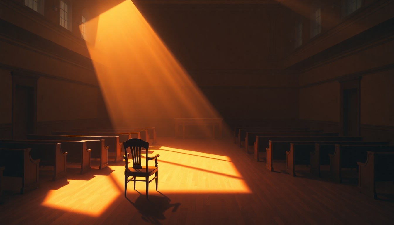A dimly lit, cinematic painting of an empty parish council chamber, with a single chair in the foreground casting a long shadow across the floor, conveying a sense of solemnity and potential change.