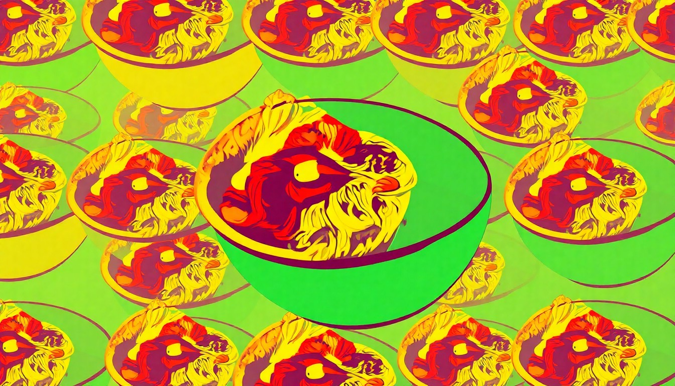 A vibrant, high-contrast silkscreen print depicting a single, iconic birria taco or ramen bowl repeated in a tight grid pattern, conceptually representing the creative fusion of traditional and modern elements that defines the Birria Haus dining experience.