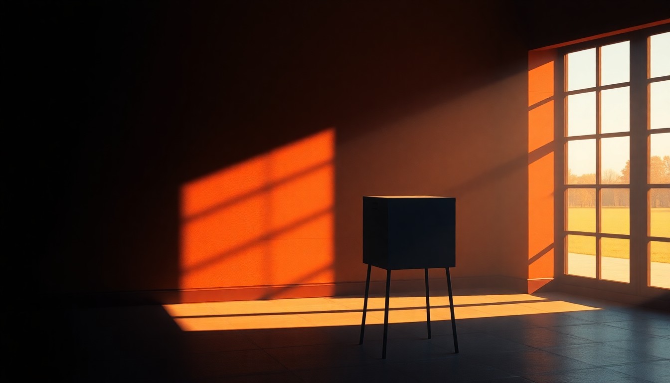 A serene, cinematic painting of a lone ballot box or voting booth in a dimly lit room, with warm sunlight streaming in through a window and casting deep shadows across the scene, capturing the quiet anticipation of an important election.