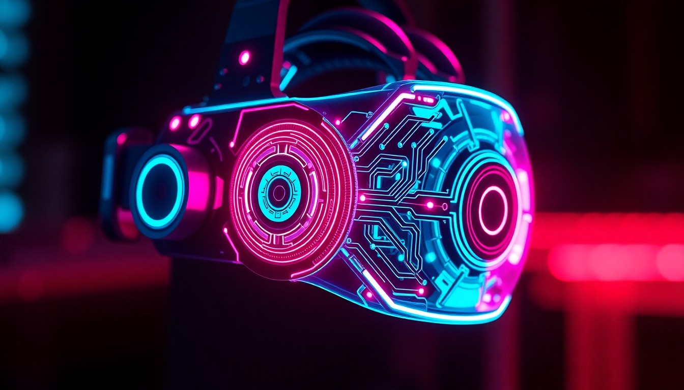 A highly detailed, glowing 3D macro illustration of a futuristic neural headset device with intricate circuitry and neon cyan and magenta lights, representing the advanced technology behind JuneBrain's neurological monitoring system.