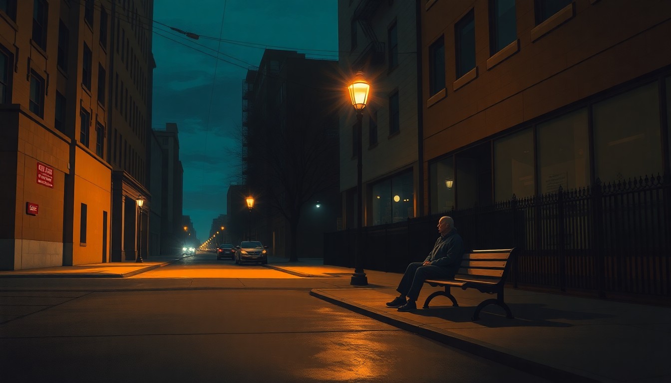A serene, cinematic painting of a lone homeless person sitting on a bench under a streetlight, with the warm glow of the light casting long shadows across the empty city street, conveying a sense of isolation and the need for community support.