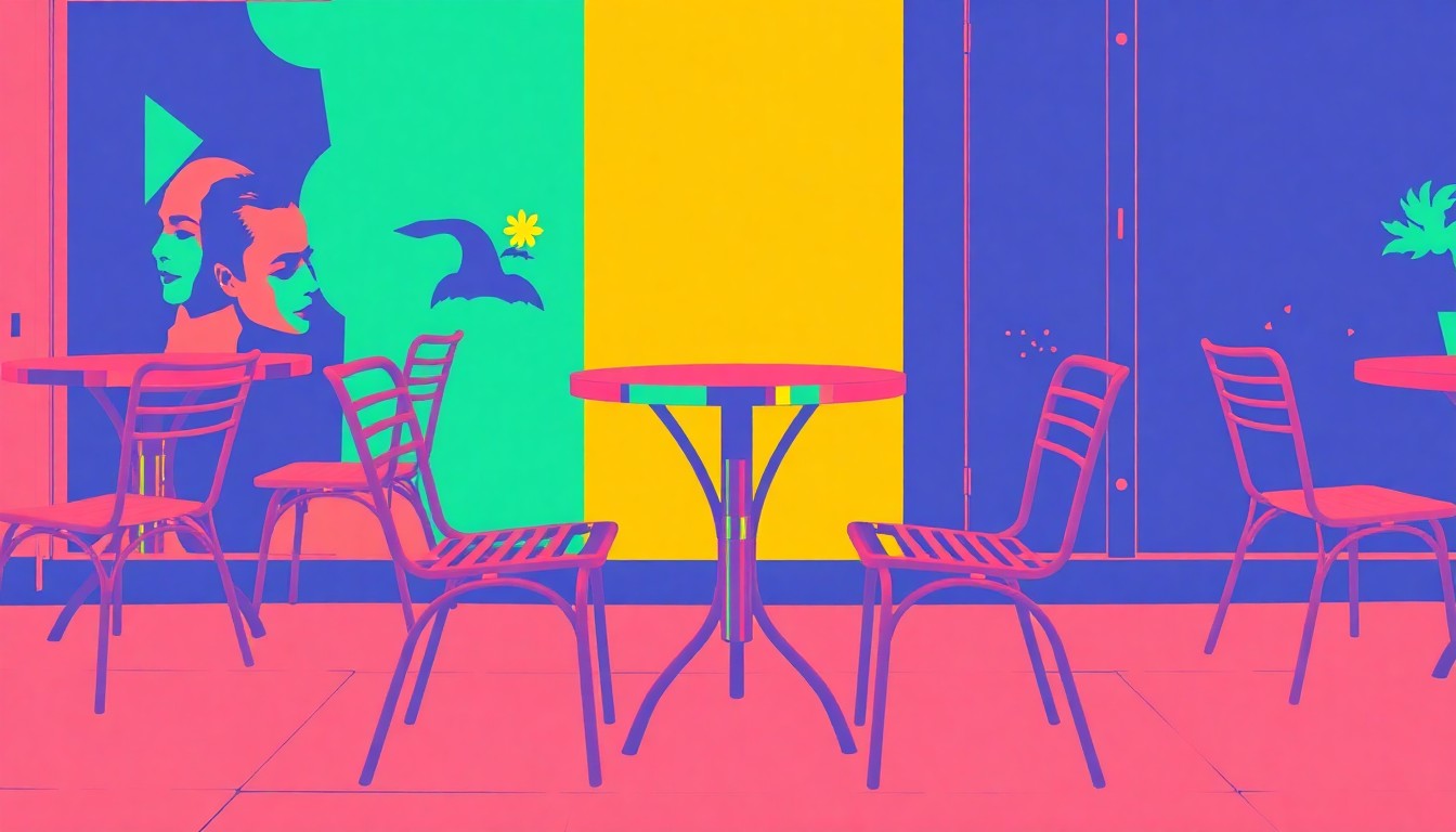 A brightly colored, abstract grid of stylized outdoor cafe furniture, representing the vibrant new sidewalk cafe coming to downtown Bay City.