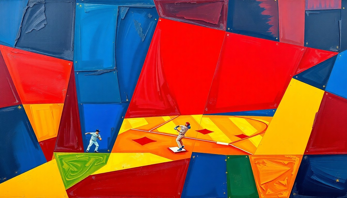 A cubist-style painting featuring overlapping geometric shapes in red, blue, and yellow, capturing the dynamic energy of a softball game.