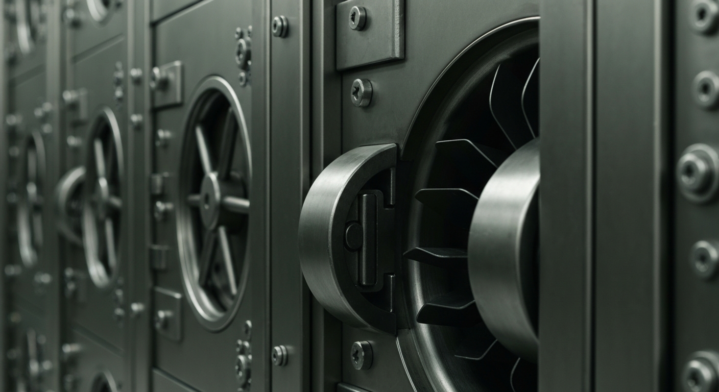 An extreme close-up photograph of the intricate gears and mechanisms of a large bank vault door, conveying the tangible, industrial nature of financial security and institutional banking.