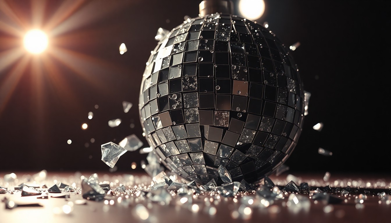 An extreme close-up of shattered, glittering glass fragments in a high-contrast, dramatic studio lighting setup, conceptually representing the tarnished legacy of a classic television entertainment program.