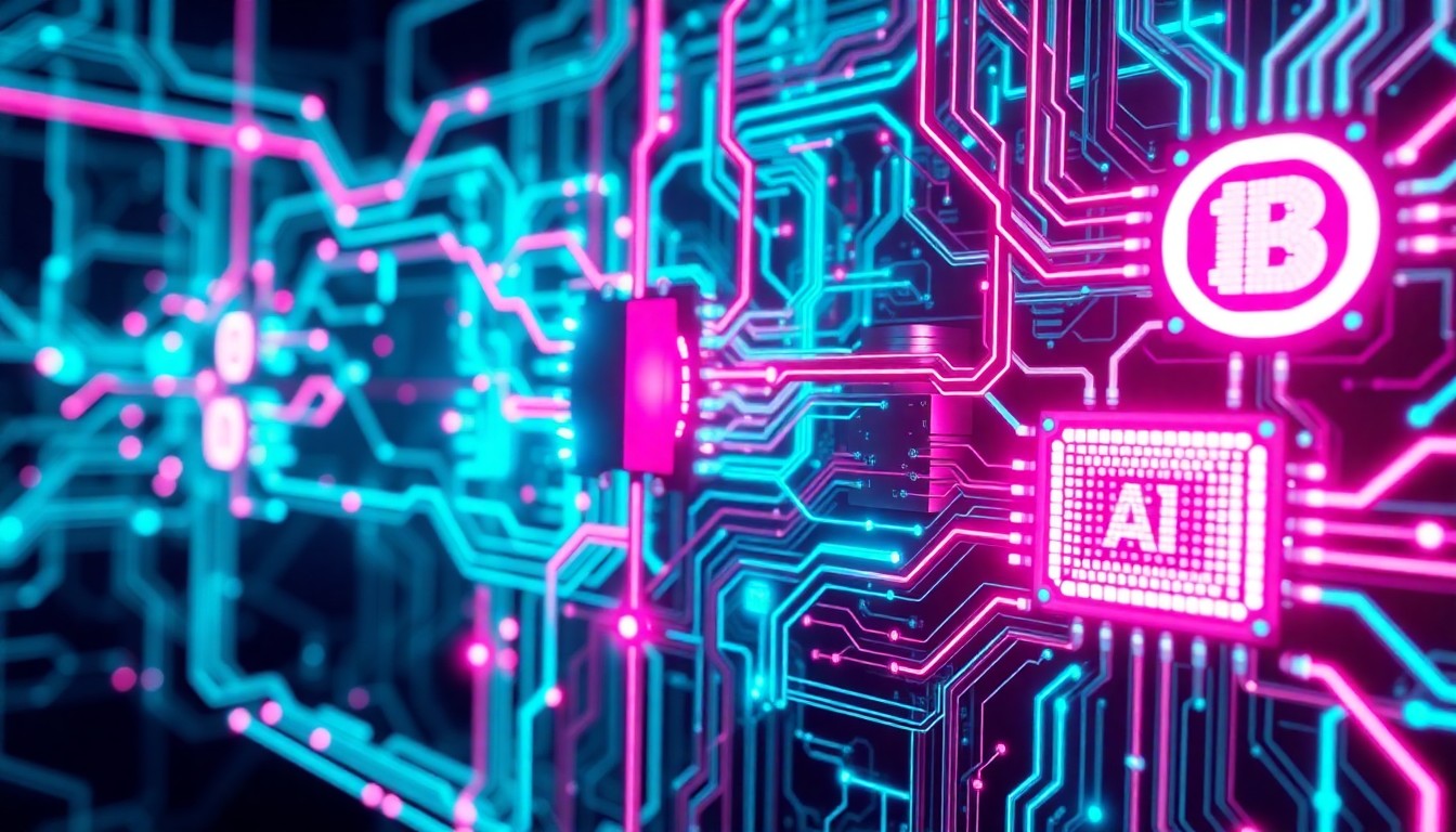A highly detailed, glowing 3D illustration of a complex network of interconnected cybernetic hardware components, with pulsing neon cyan and magenta lights illuminating the intricate circuitry and data pathways, conceptually representing the advanced, high-tech infrastructure powering AI systems and their interactions.