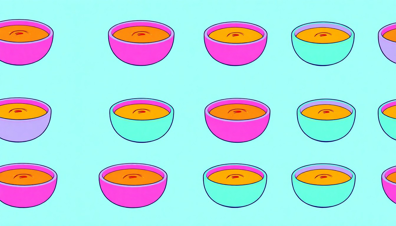 A bold, colorful silkscreen print featuring a repeating pattern of a single bowl of soup in vibrant neon hues, conceptually representing the community-driven spirit of the Empty Bowls fundraiser.