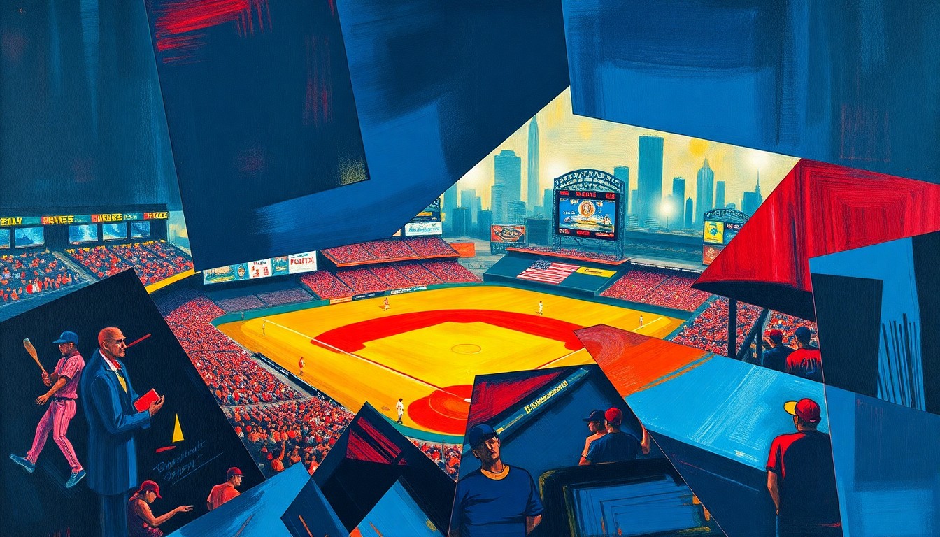 A fractured, geometric painting depicting the dynamic movements and energy of a baseball game, with sharp planes of color and overlapping perspectives, capturing the emotional turmoil and unexpected twists of the recent matchups.